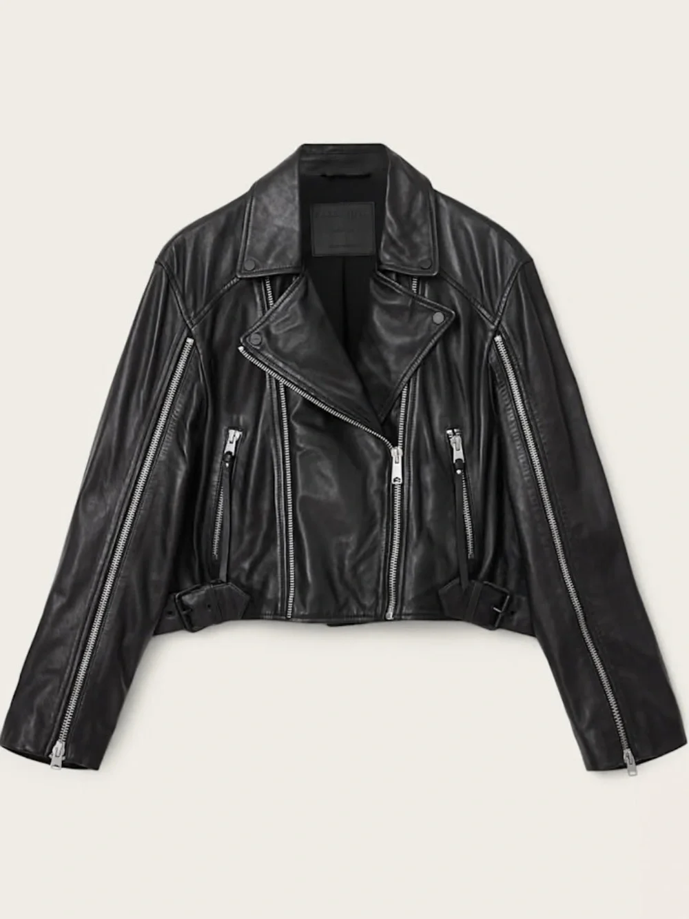 All Saints Masone Leather Zip Open Sleeve Moto Asymmetrical Jacket Medium $649 - Picture 6 of 9